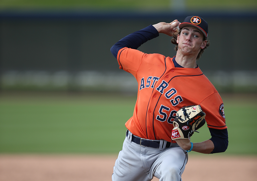 Top prospect Forrest Whitley throwing fastballs in an Astros jersey